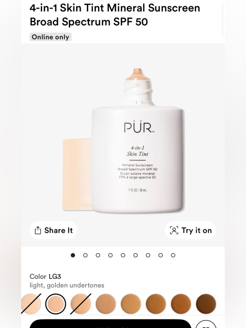 PÜR 4-in-1 Skin Tint SPF 50 - Light Golden (LG3)